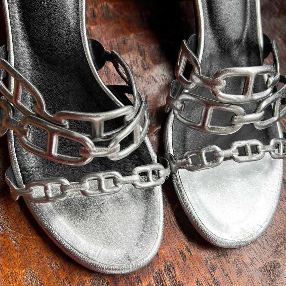 HERMES Metallic Calfskin Tandem Sandals Luxury Size 37 - Picture 16 of 16